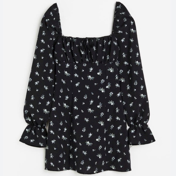 H&M Puffed Sleeve Creped A Line Mini Dress by Divided  Black Floral. Size Med - Picture 2 of 6